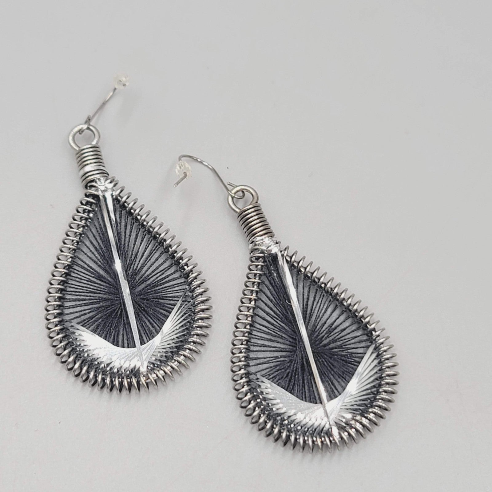Teardrop Black String Art Pierced Earrings Silver tone Dangle 2"