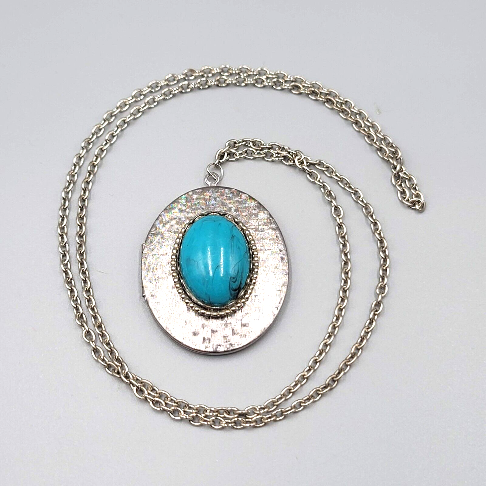 Vintage Large Locket Pendant Necklace Blue Acrylic Cabochon 26"