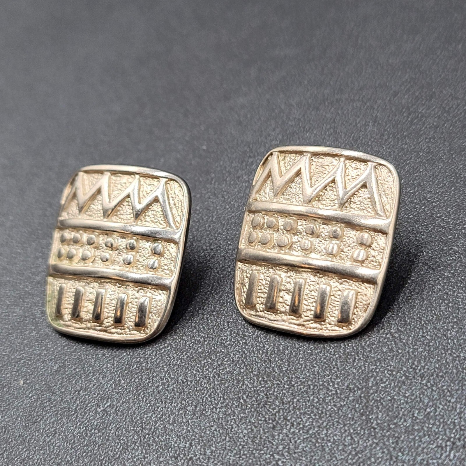 Vintage Pierced Earrings Silver tone Embossed Rectangle Drop 1"