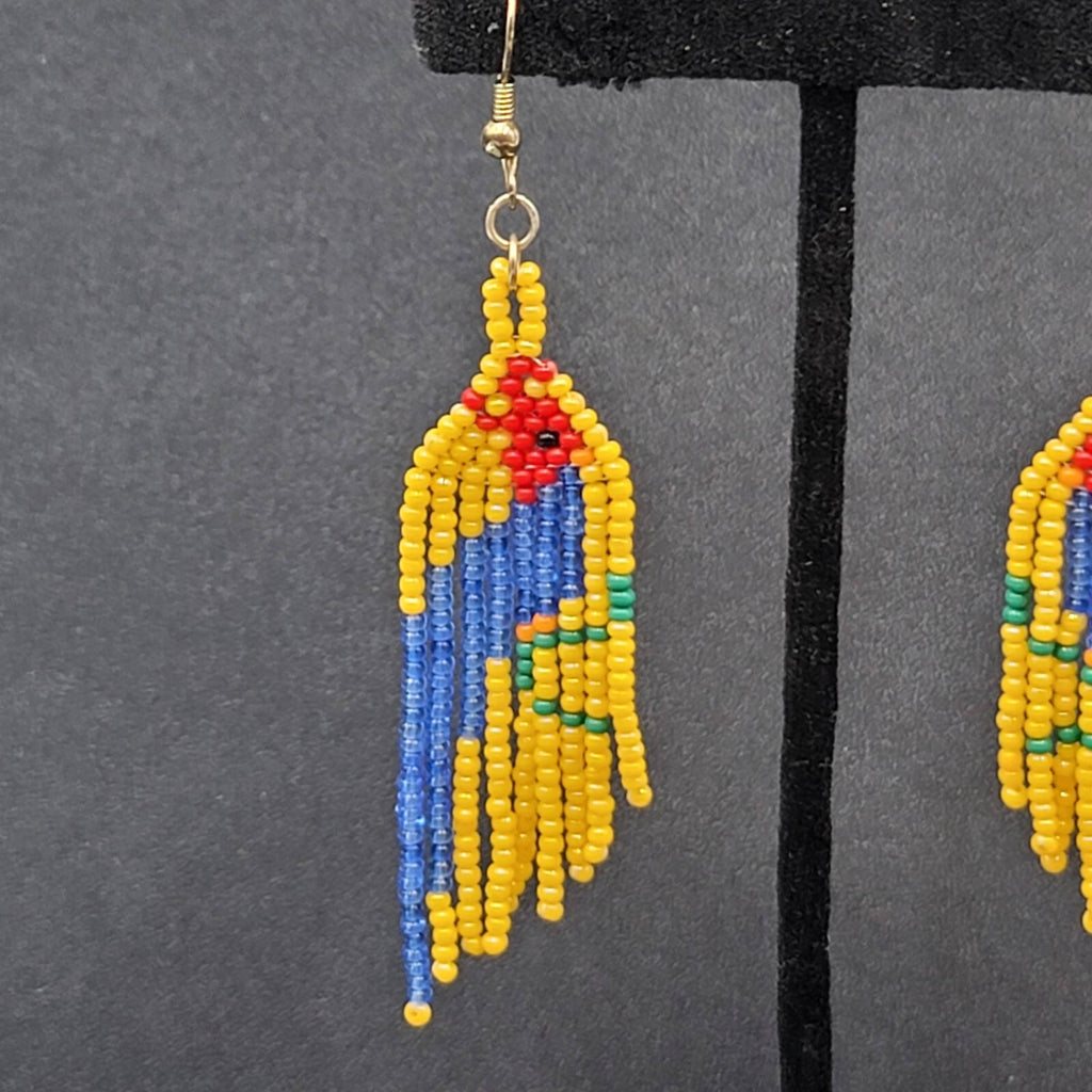 Vintage Pierced Earrings Yellow Seed Bead Parrot Bird Dangle 2.75"