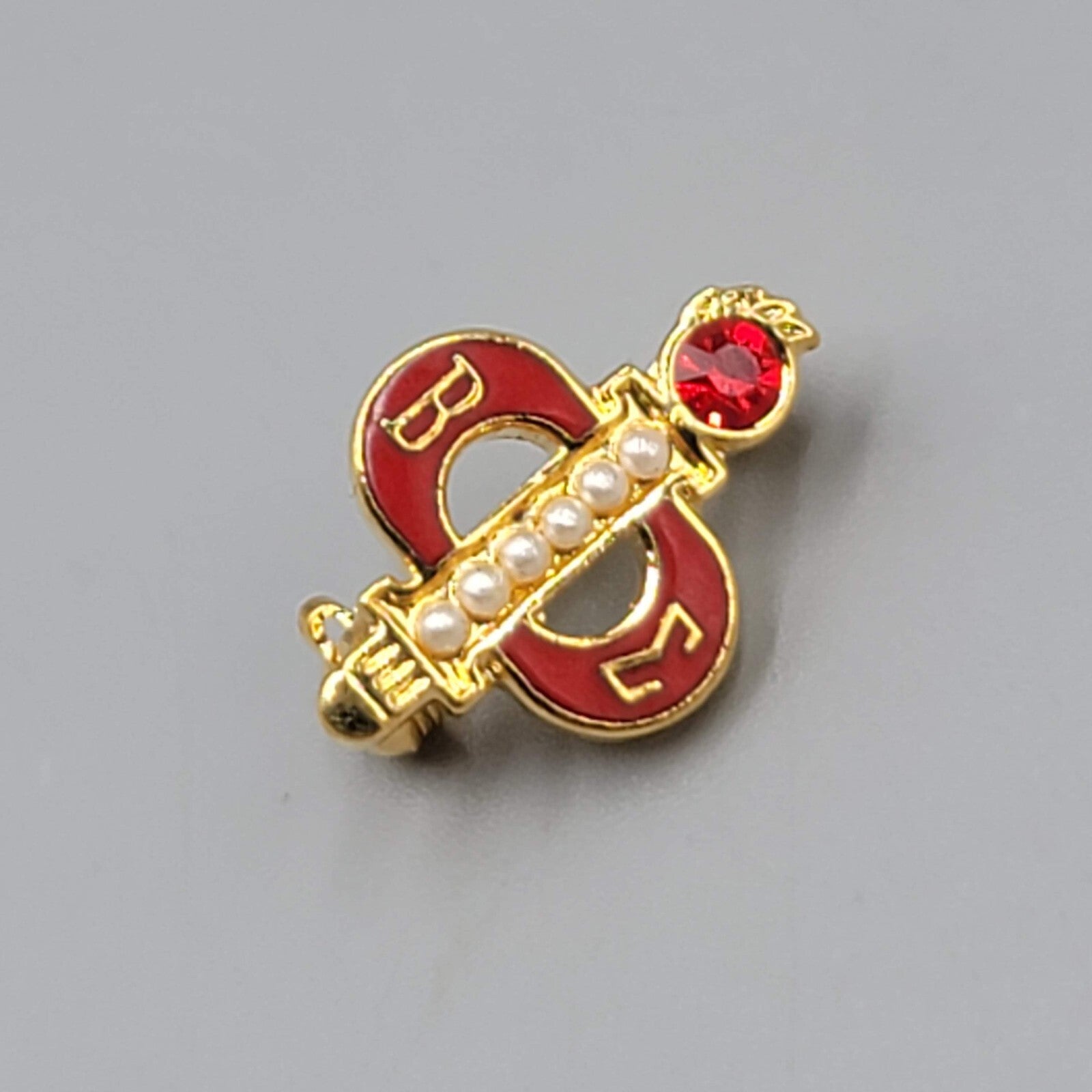 Vintage Beta Sigma Phi Sorority Lapel Pin Red Enamel Gold tone Torch 3/4"