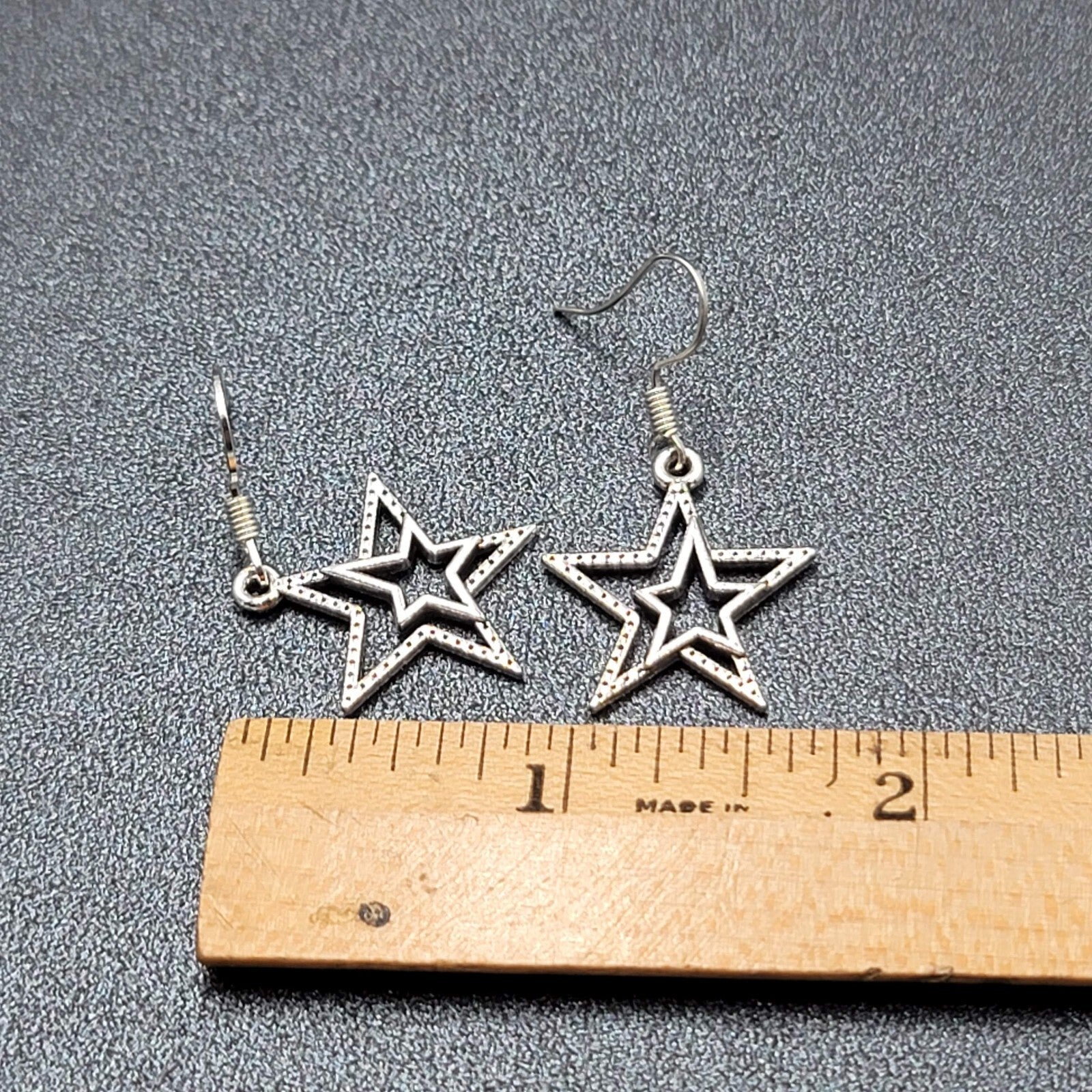 Pierced Earrings Silver tone Dangle Double Open Star 7/8"