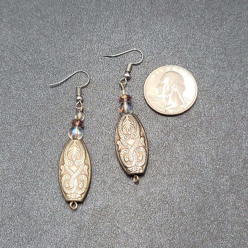 Pierced Earrings Silver tone Clear Purple Beaded Dangle 1.75"