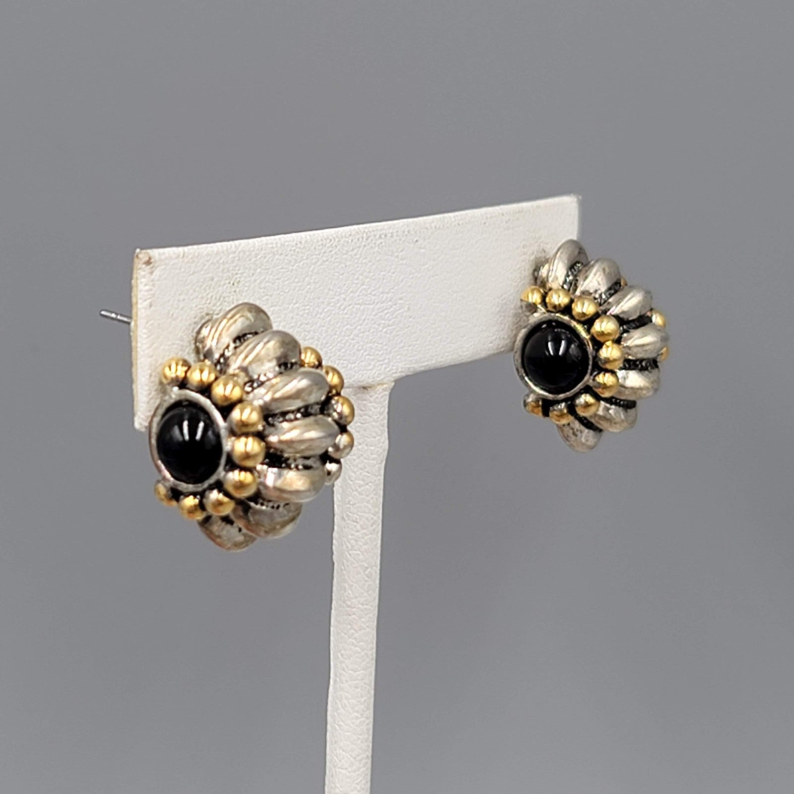 Statement Pierced Earrings Silver and Gold tones Black Bead 3/4 in