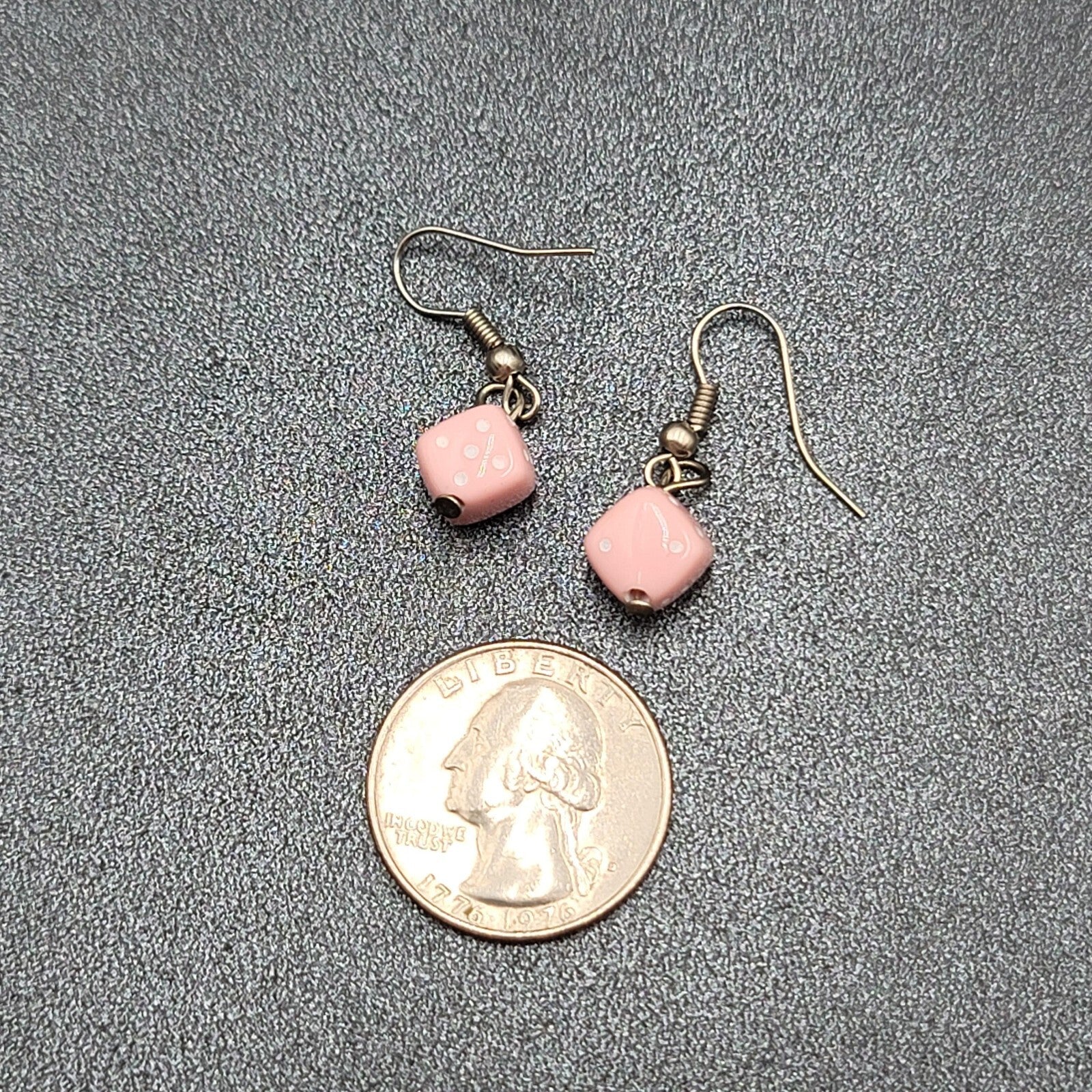 Pierced Earrings Silver tone Pink White Dice Dangle Small 3/8"
