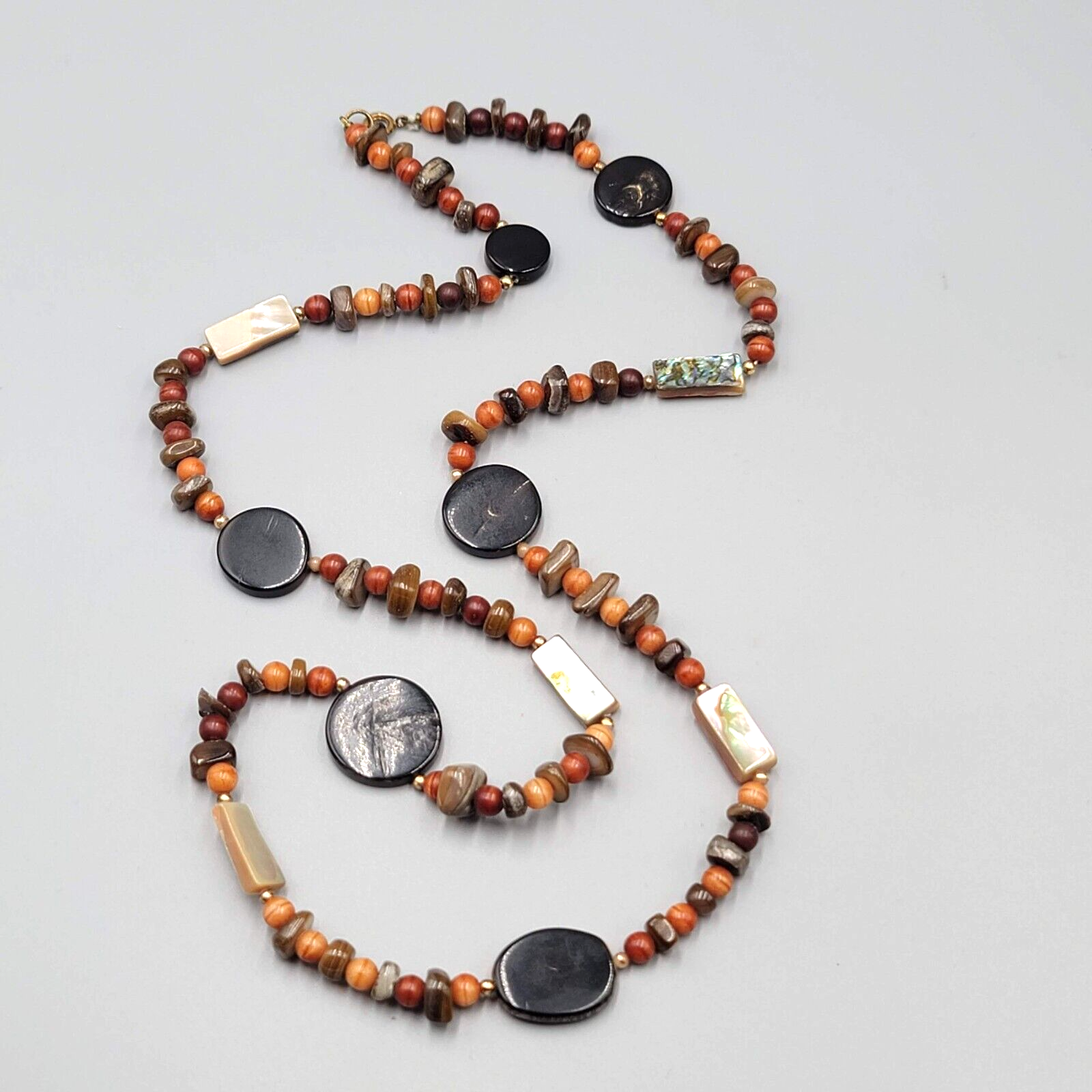Stone Bead Necklace Abalone Shell Brown Orange Red Long 32"