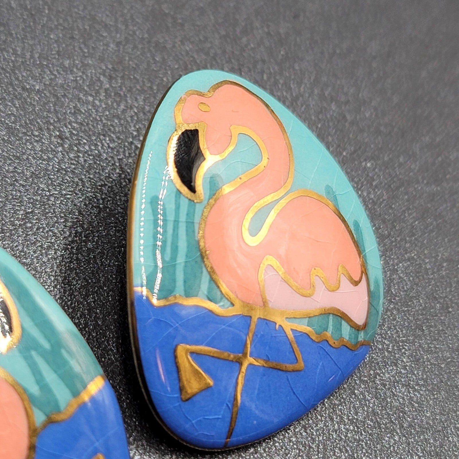 Vintage Flamingo Pierced Earrings Ceramic Hand Painted Drop 1.5"