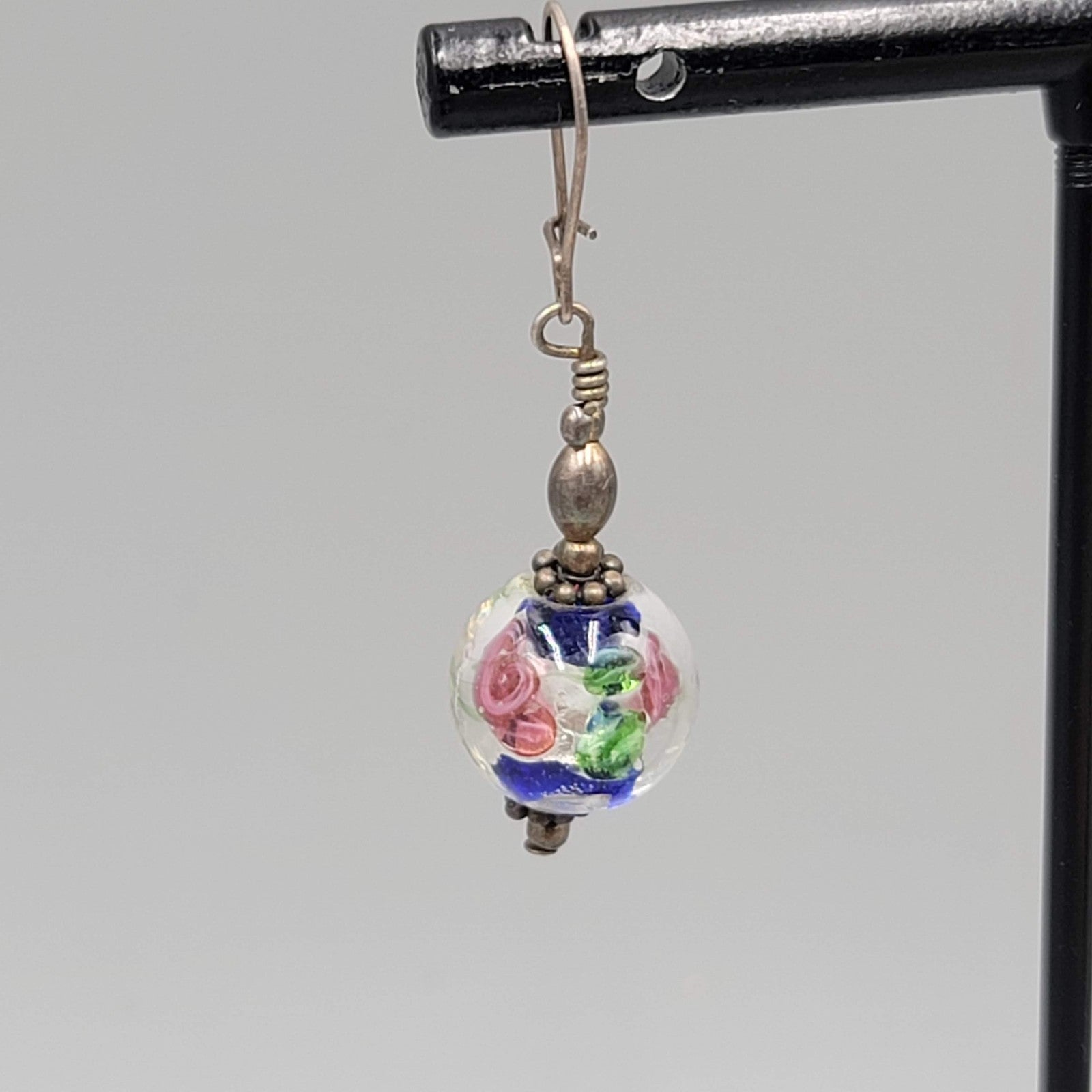Art Glass Flower Pierced Earrings Silver tone Dangle 1"