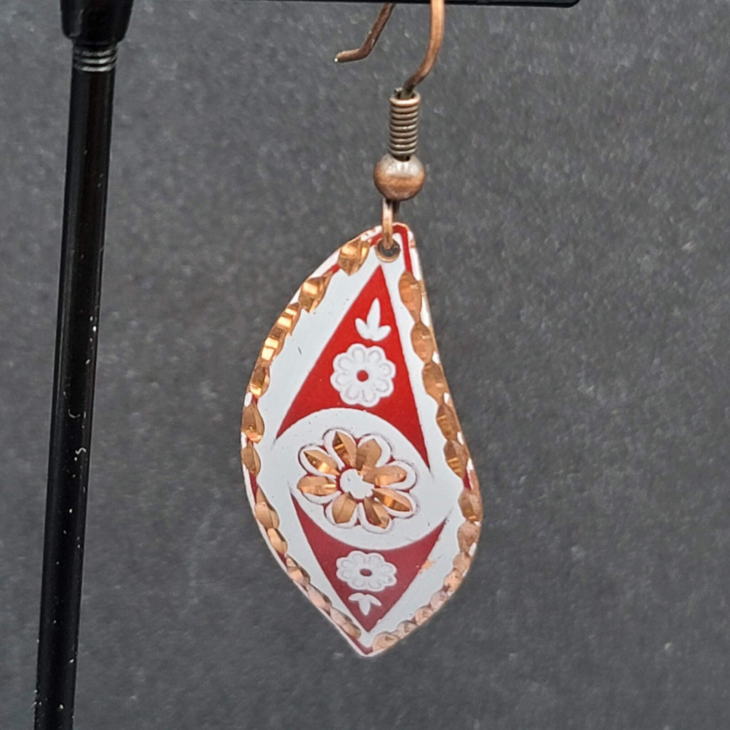 Pierced Earrings Copper Laser Cut Red White Design Dangle 1.5"