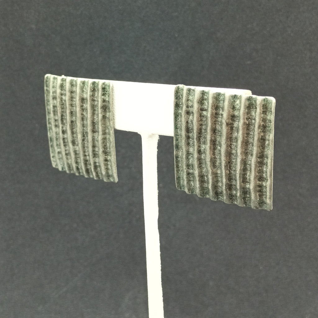 Pierced Earrings Silver tone Corrugated Metal Square Drop 1 1/8"