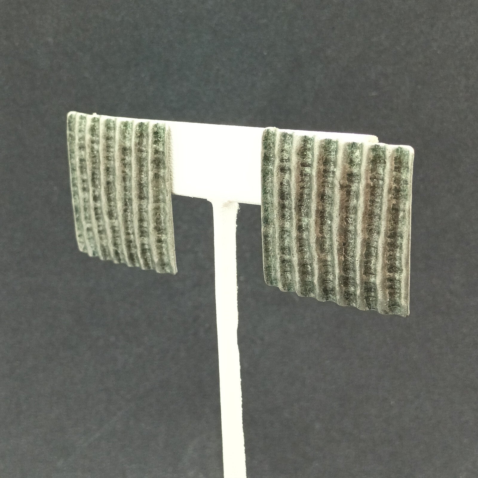 Pierced Earrings Silver tone Corrugated Metal Square Drop 1 1/8"