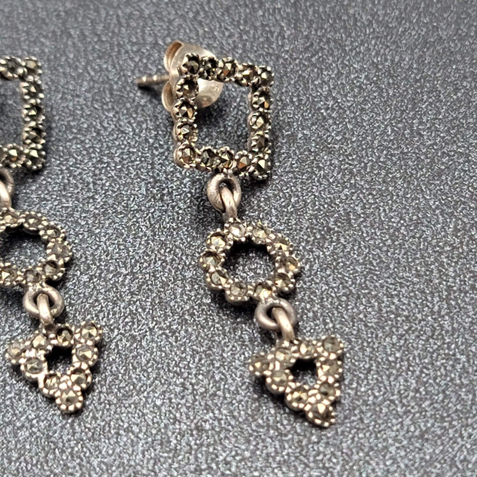 Sterling Silver Pierced Earrings Marcasite Geometric Dangle 1 3/8"