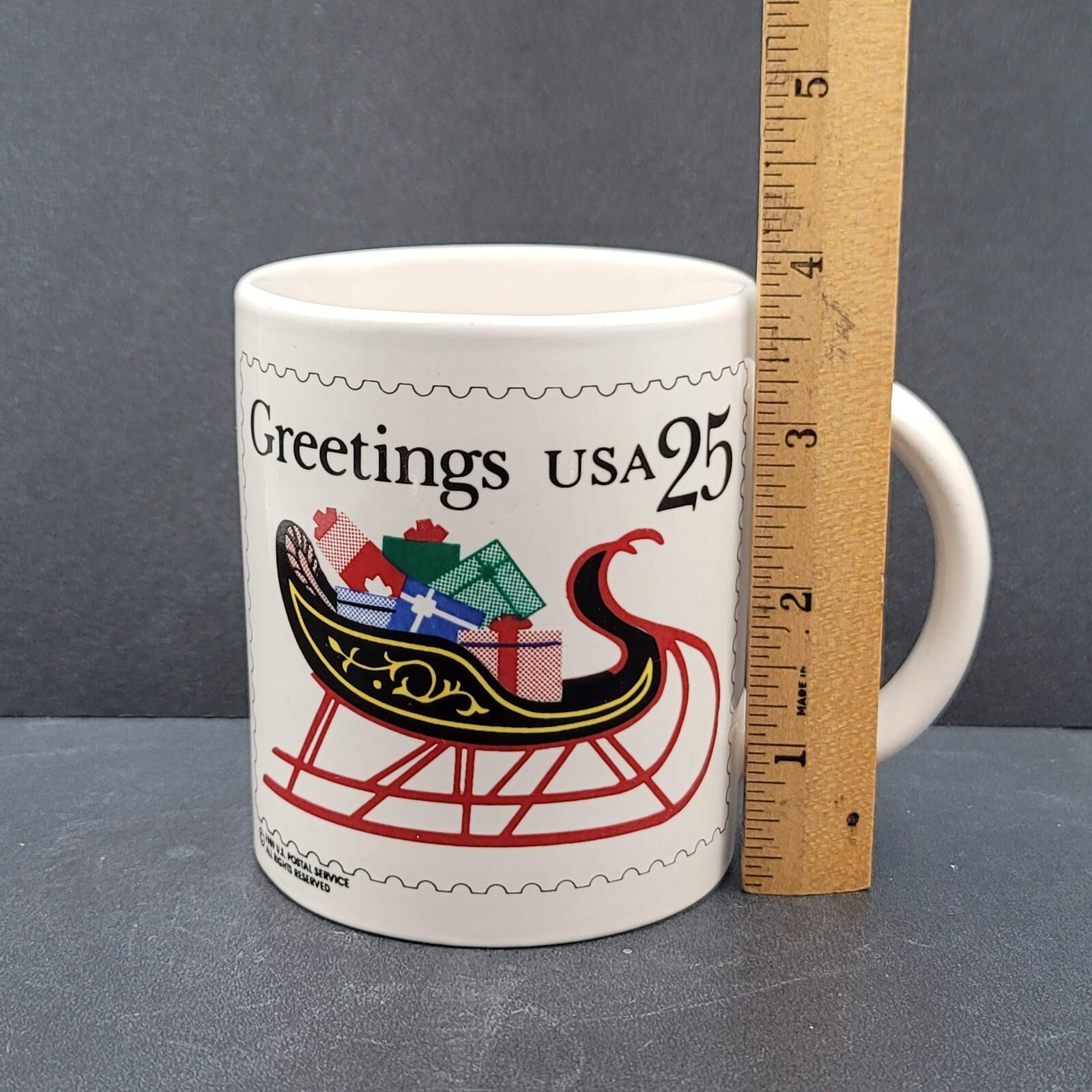 US Postal Service USPS Postage Stamp Coffee Mug Christmas Sleigh Greetings 1989
