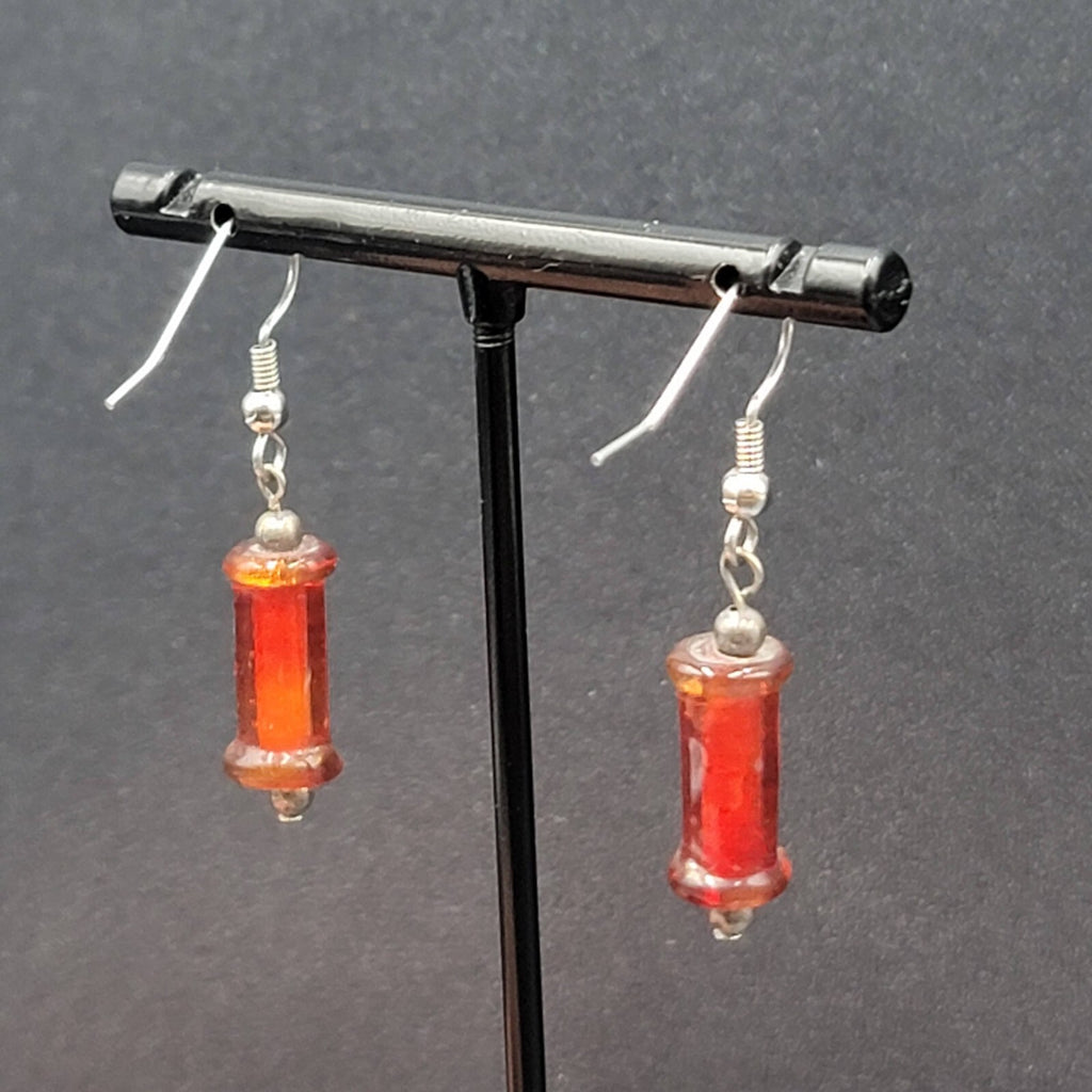 Pierced Earrings Red Cylinder Glass Bead Silver tone Dangle 1"
