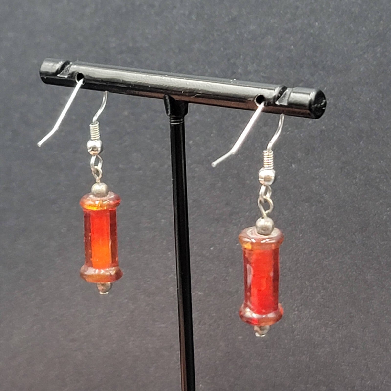 Pierced Earrings Red Cylinder Glass Bead Silver tone Dangle 1"