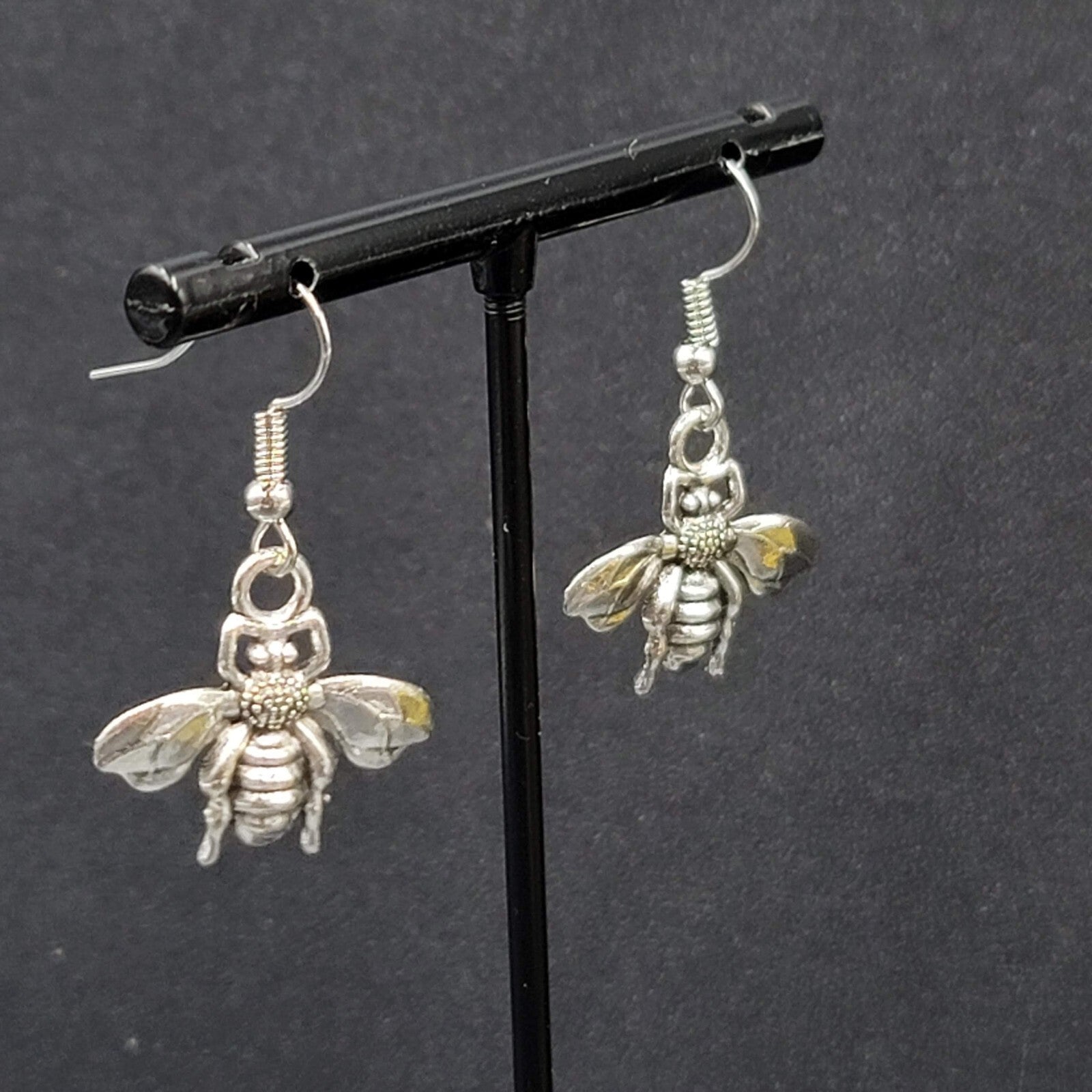 Flying Bee Pierced Earrings Silver tone Dangle 3/4"
