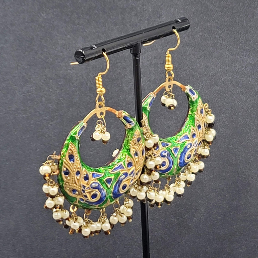 Pierced Earrings Ethnic Gold tone Red Green Beaded 1.75"