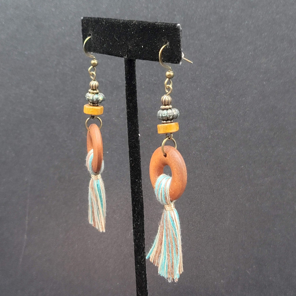 New Boho Pierced Earrings Wood Ring Blue White Tassel Beaded Dangle 2.75"
