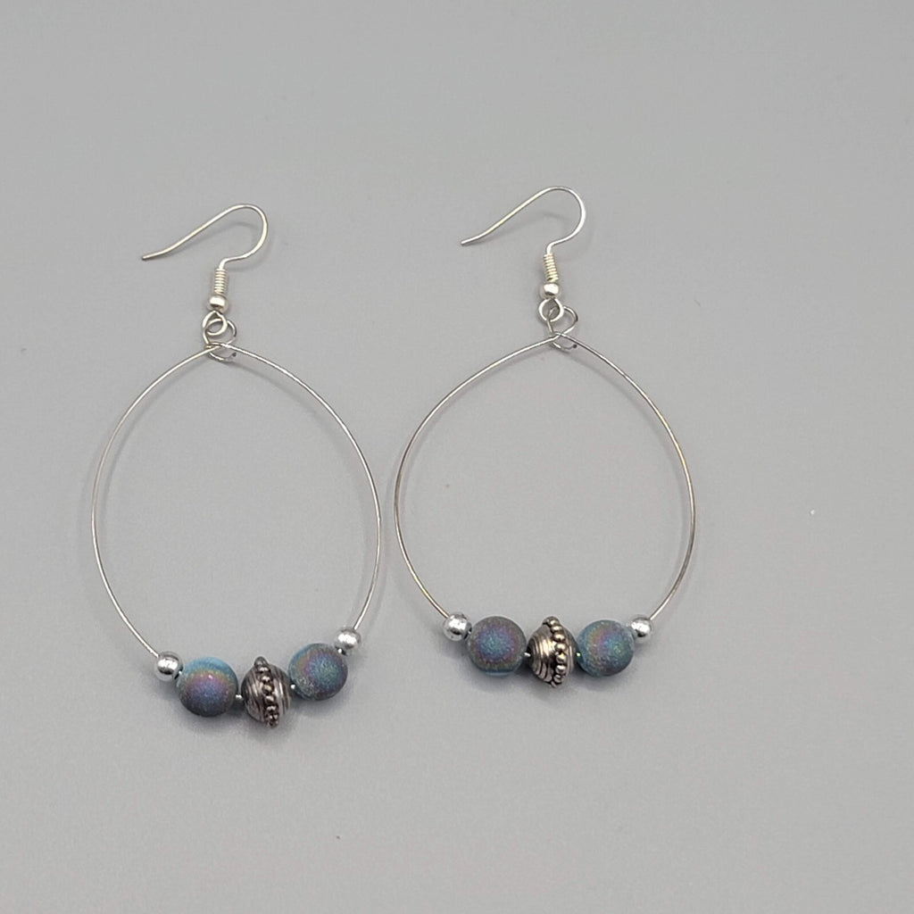 Pierced Earrings Silver tone Multicolor Blue Beads Hoops 2"