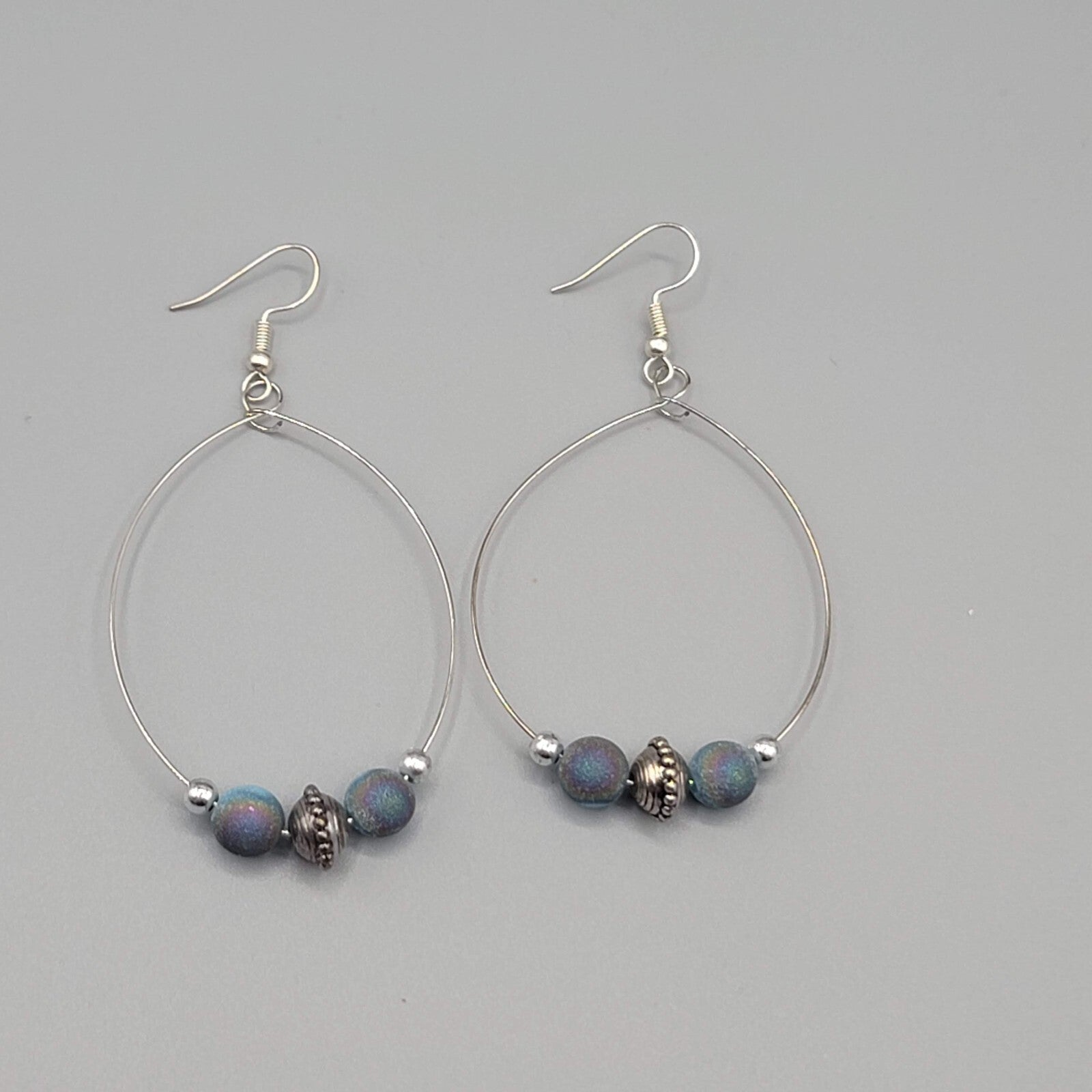 Pierced Earrings Silver tone Multicolor Blue Beads Hoops 2"