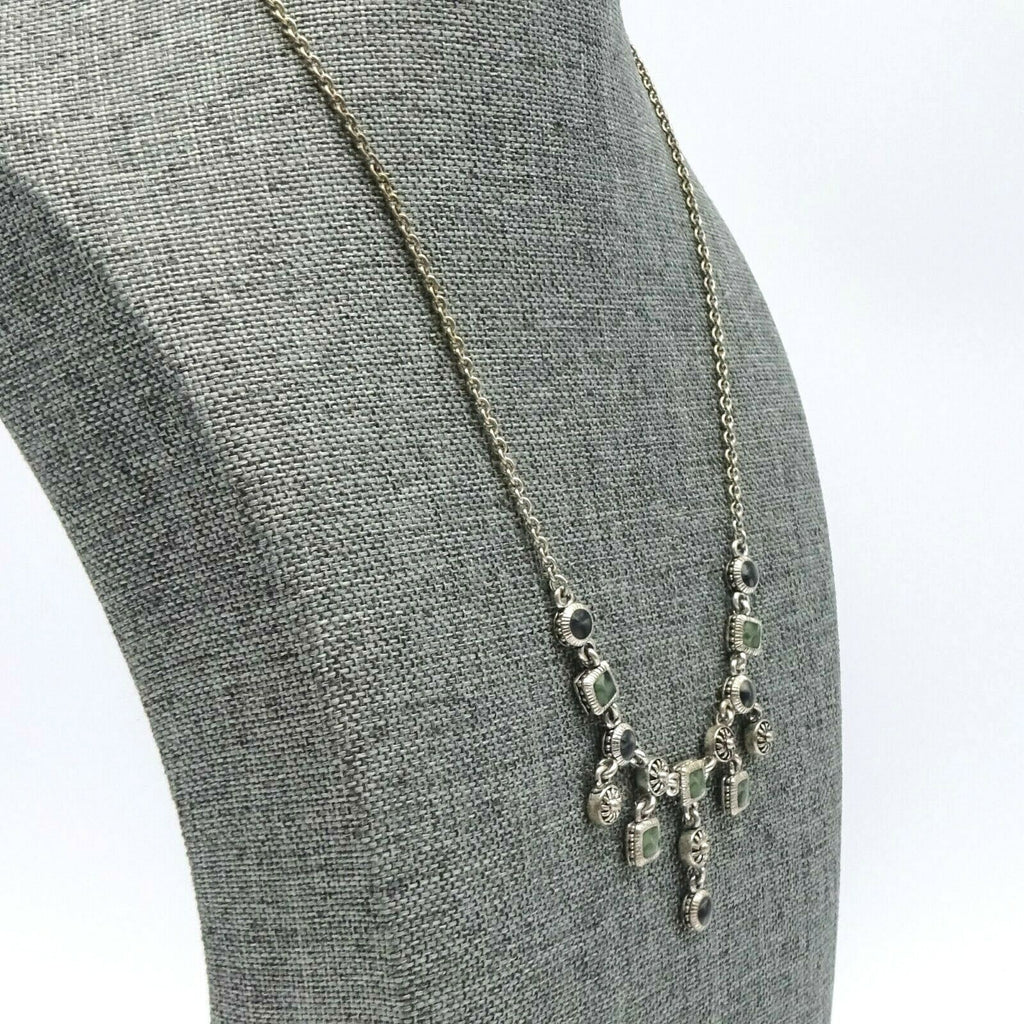 Necklace Silver tone Green Black Acrylic Dangle Signed Well Made 16" - 18”
