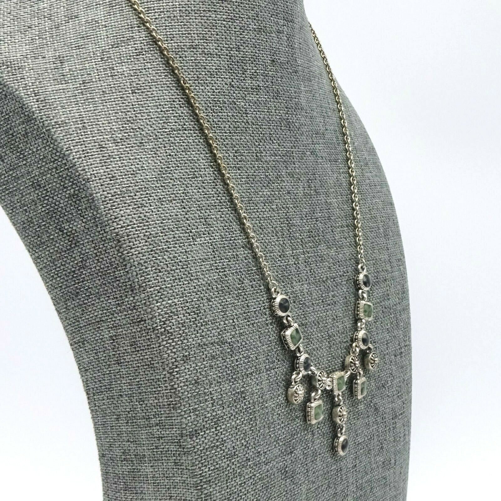 Necklace Silver tone Green Black Acrylic Dangle Signed Well Made 16" - 18”