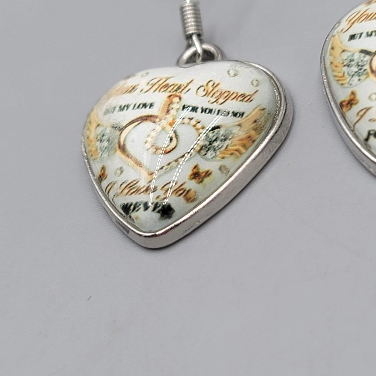 Glass Heart Pierced Earrings Silver tone Dangle Memorial Message 1 in