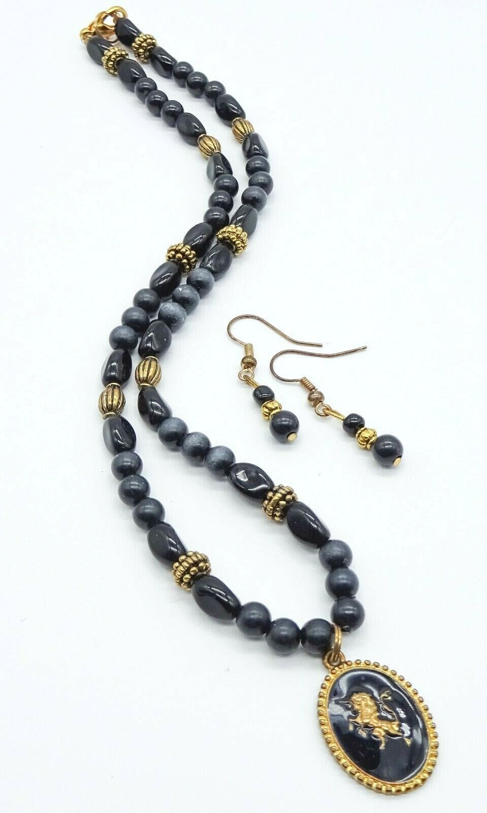 Unicorn Pendant Black Glass and Plastic Beaded Necklace Pierced Earring Set