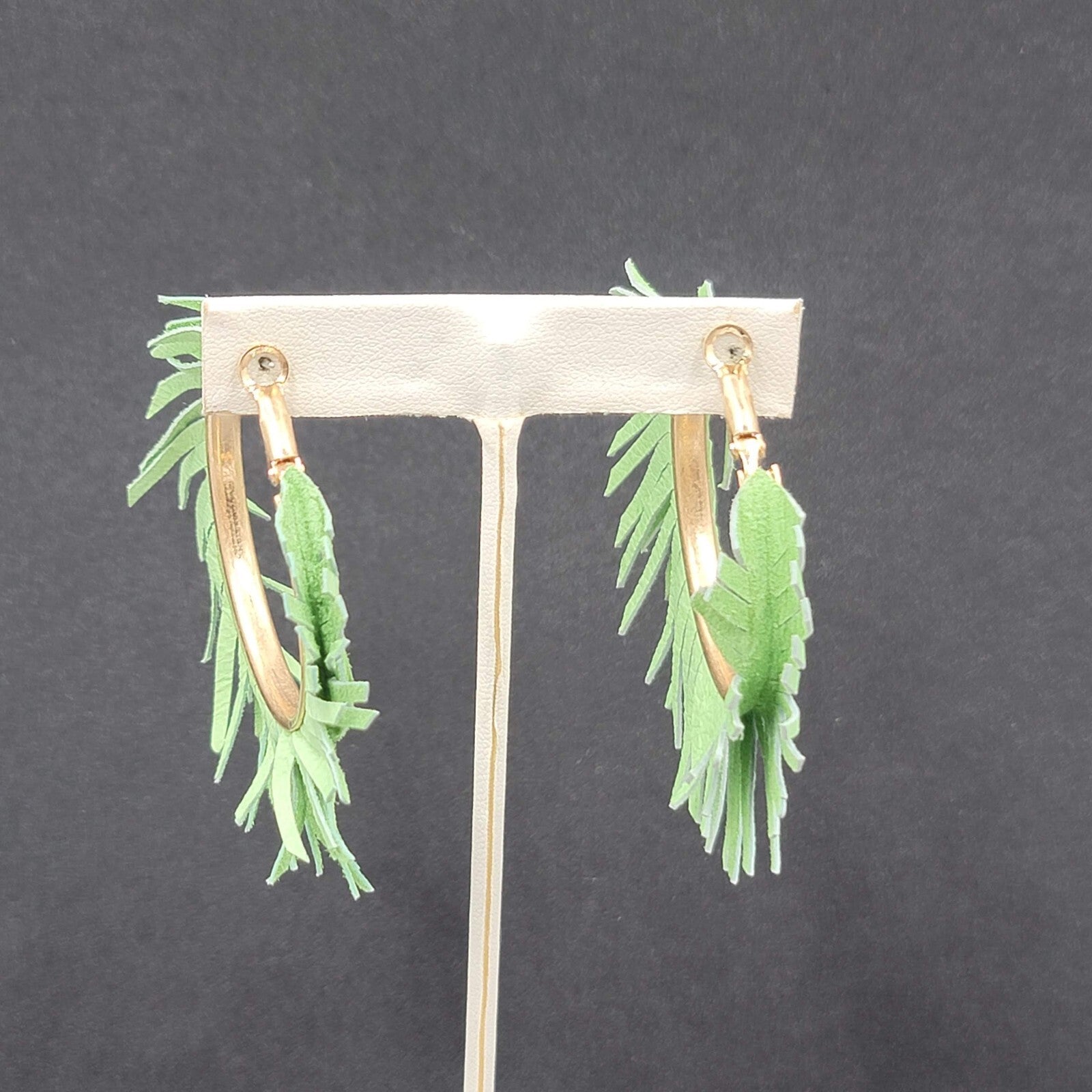 Pierced Earrings Green Fringe Gold tone Hoops Dangle