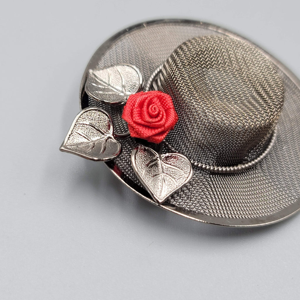 Vintage Gray Metallic Mesh Hat Leaf Faux Pearl Pin Brooch Silver tone Red Rose