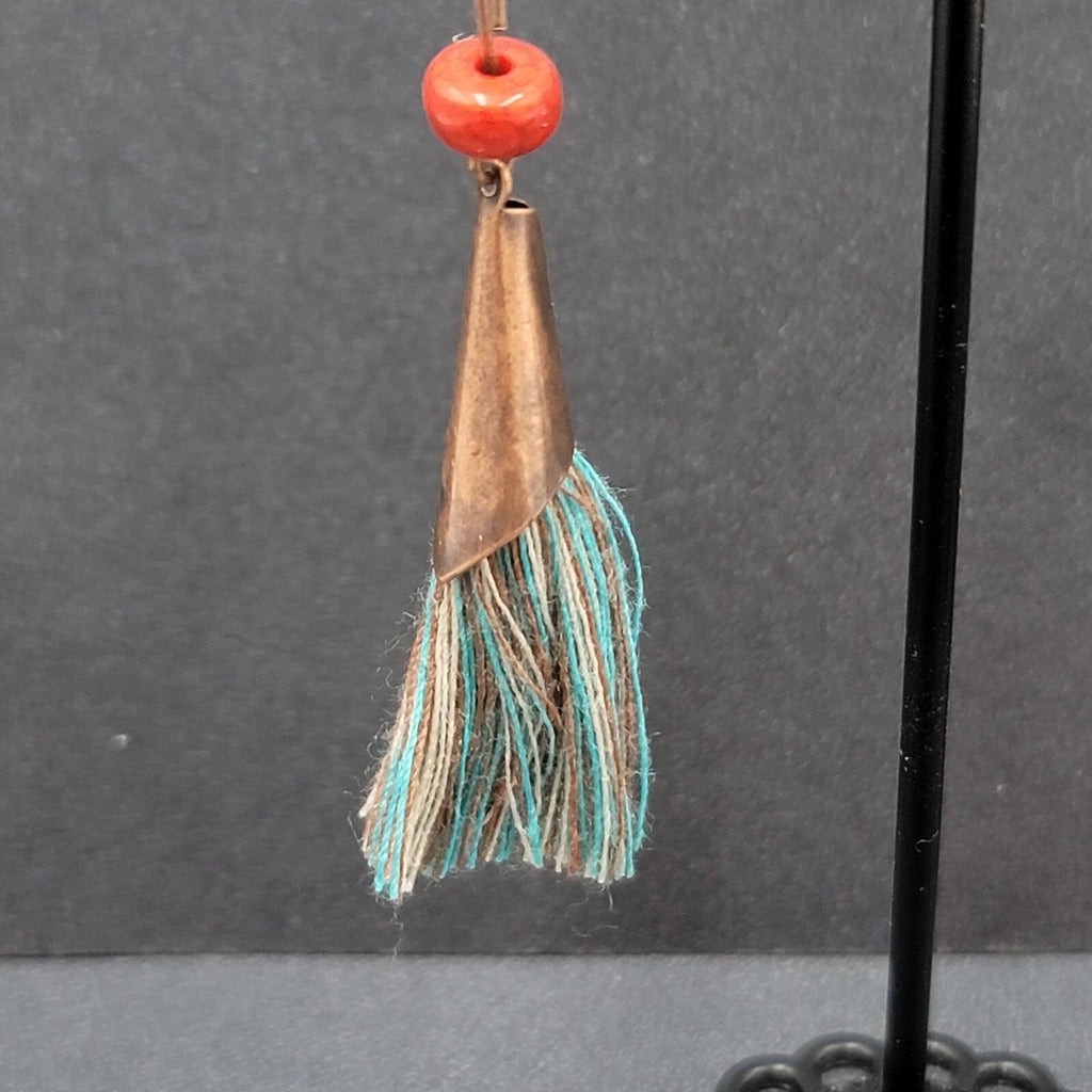 Pierced Earrings Copper tone Round Open Work Tassel Beaded Dangle 3"