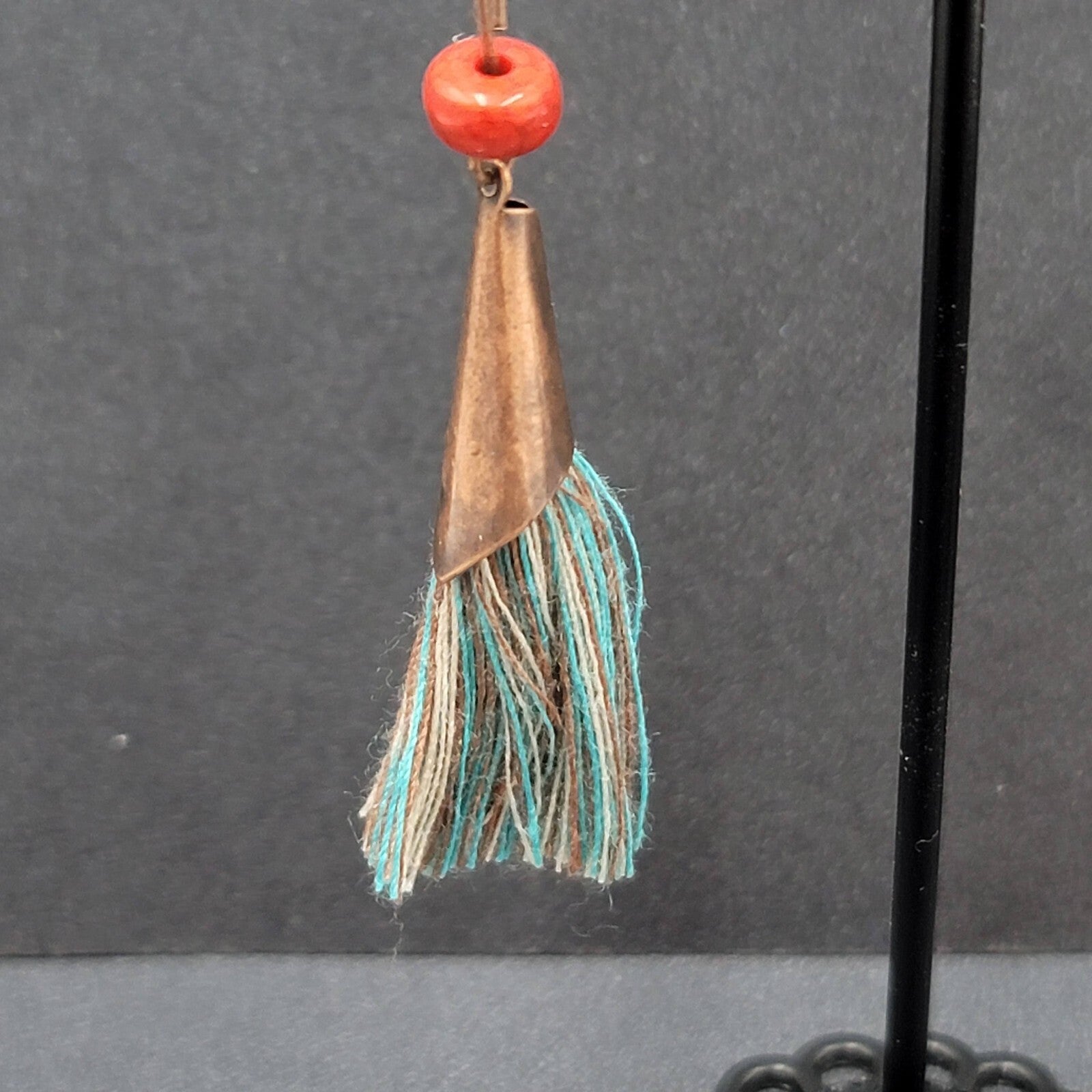 Pierced Earrings Copper tone Round Open Work Tassel Beaded Dangle 3"
