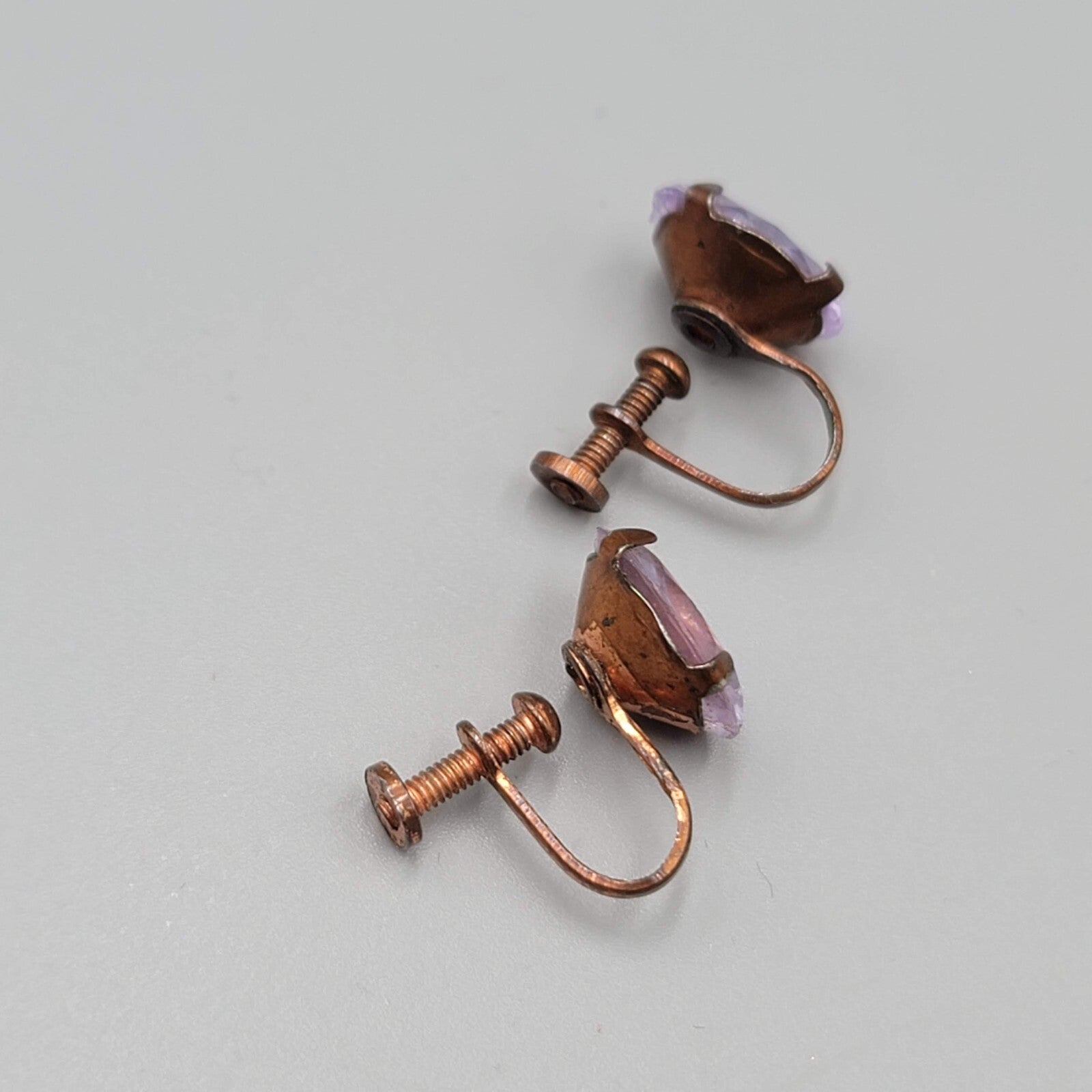 Vintage Clip on Earrings Bronze tone Purple Unknown Stud Screw Back 1/2"