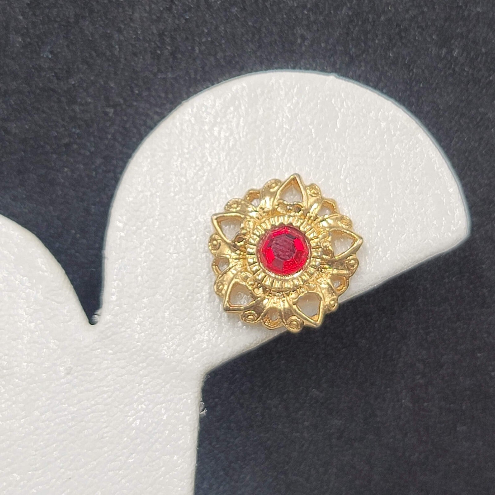 Vintage Pierced Earrings Gold Plated Red Stone Heart Studs 5/8"