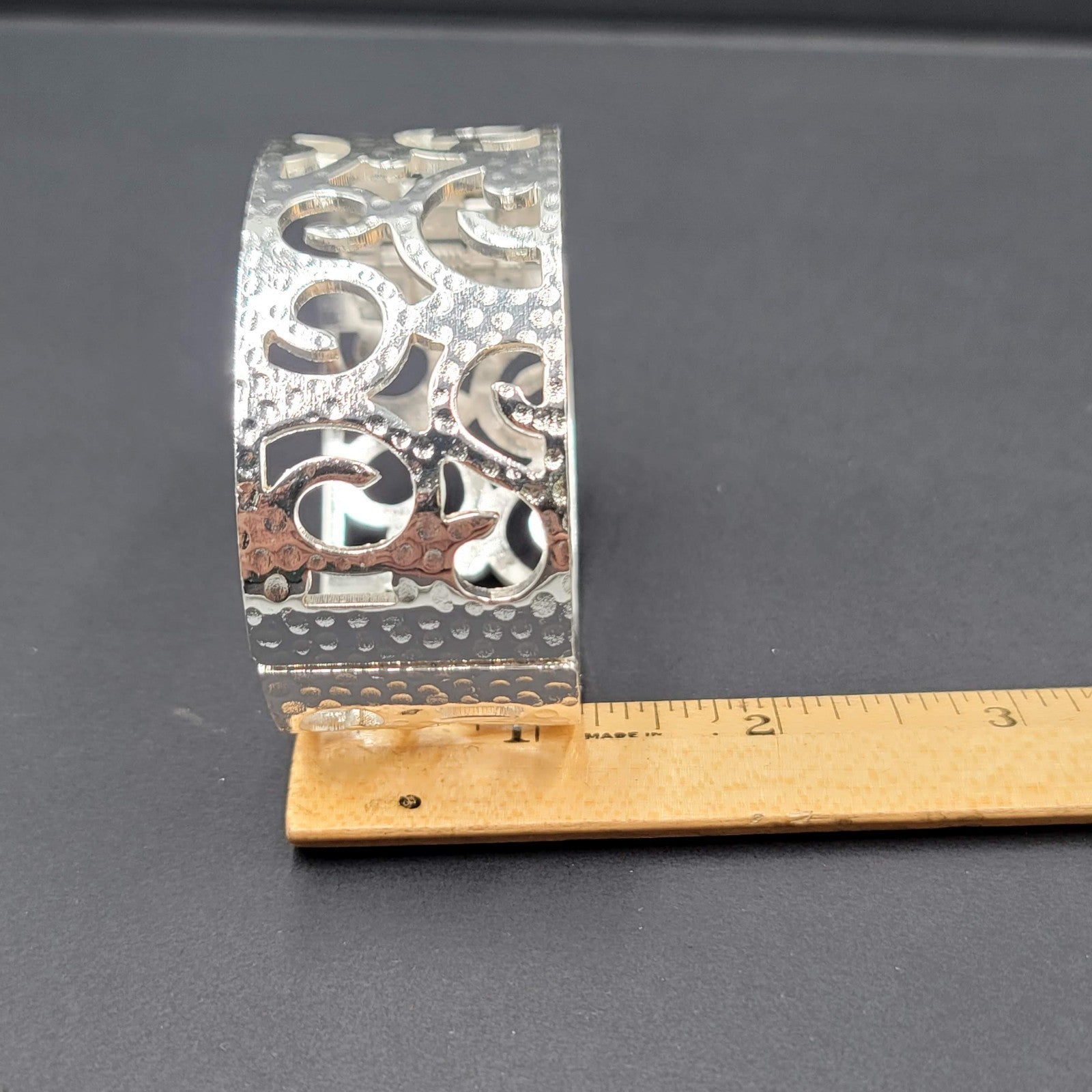 Open Work Hammered Hinged Bracelet Matte Silver Plated 6.75"