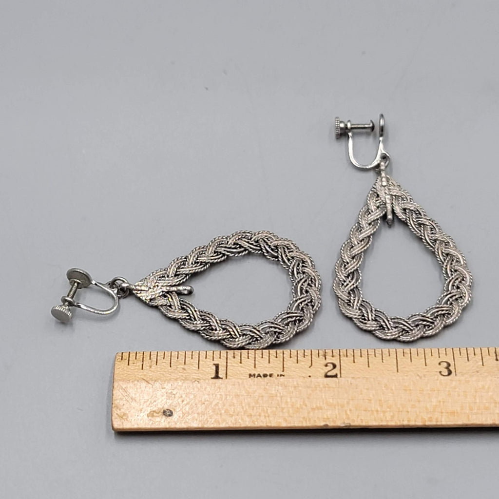 Vintage Open Teardrop Embossed Clip on Earrings Silver tone Dangle 2 in
