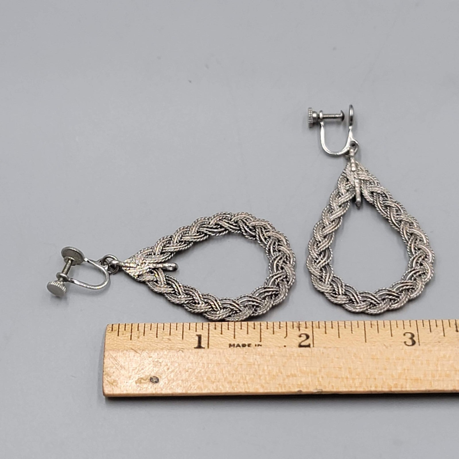 Vintage Open Teardrop Embossed Clip on Earrings Silver tone Dangle 2 in