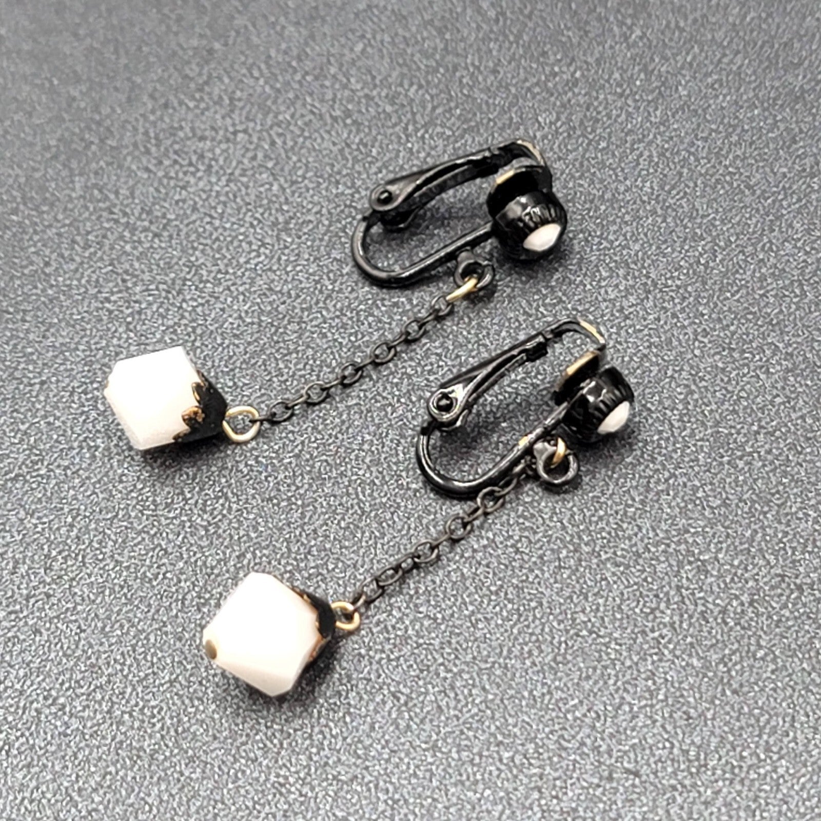 Vintage Clip on Earrings Black Enamel Metal Dangle Chain White Bead 1 5/8"