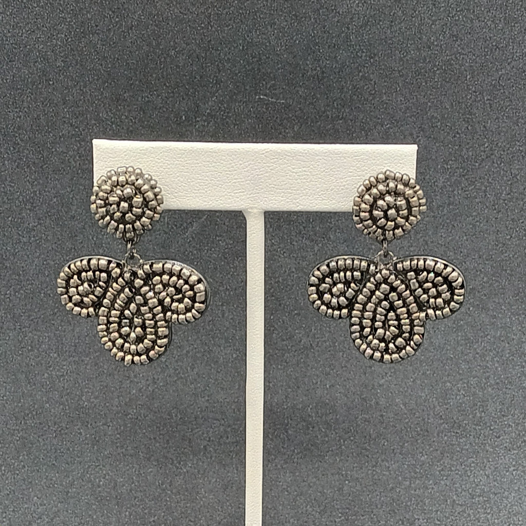 Vintage Pierced Earrings Black Metal Molded Beaded  Dangle 1 5/8"