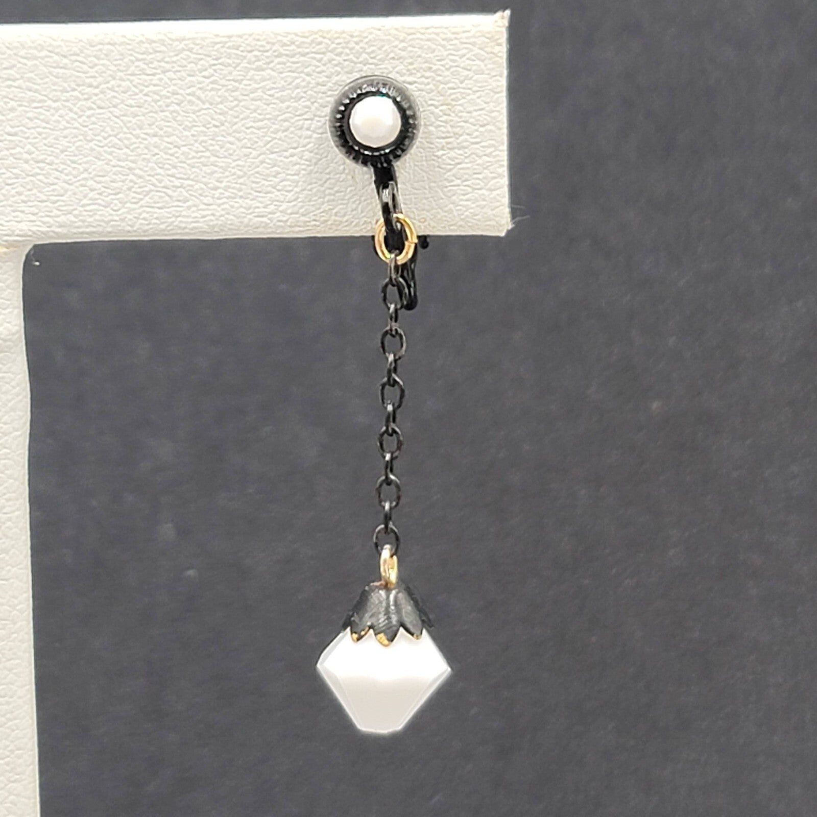 Vintage Clip on Earrings Black Enamel Metal Dangle Chain White Bead 1 5/8"