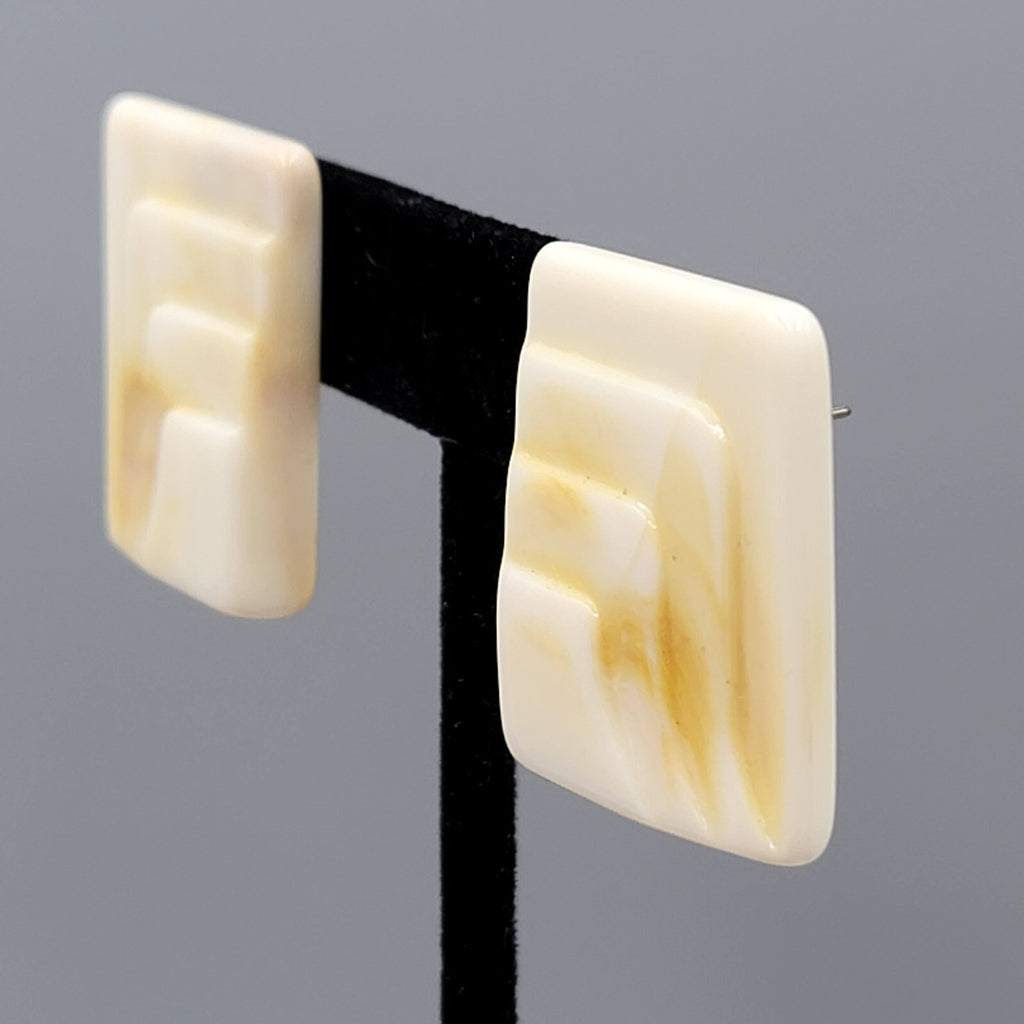 Vintage Pierced Earrings Acrylic Rectangle Drop Beige Tan Swirl 1.25"