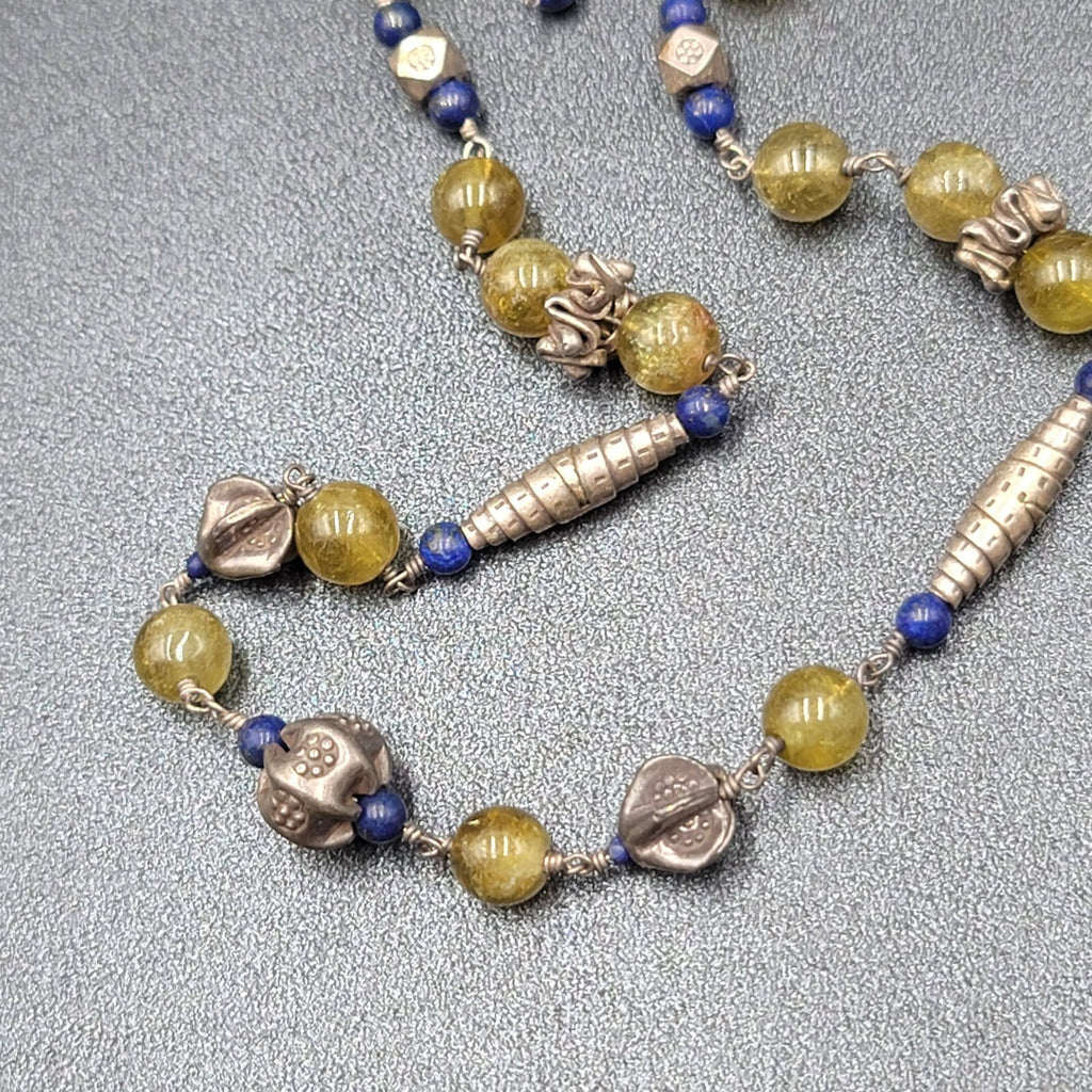 Sterling Silver Necklace Green Glass Blue Lapis Beads 18"-20"