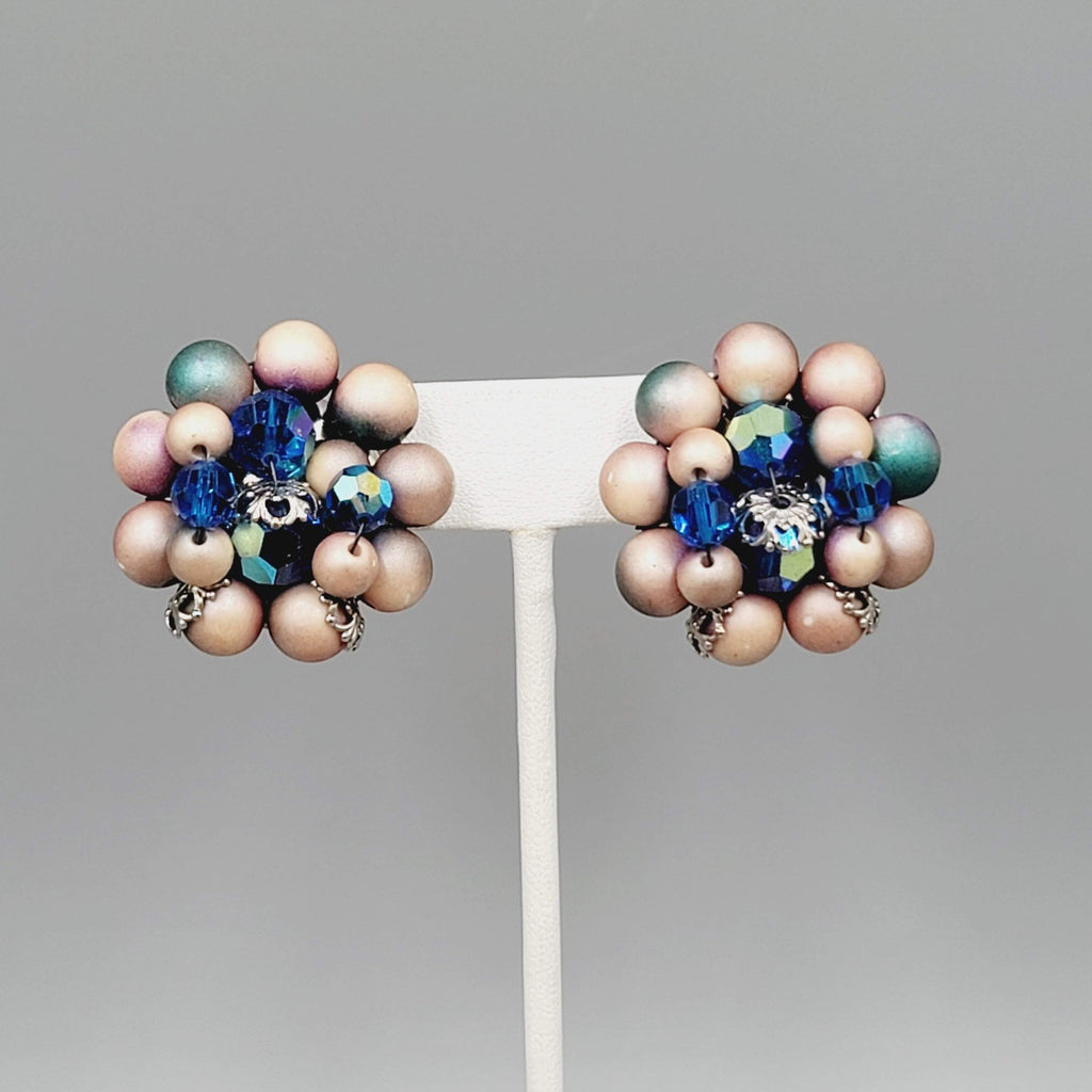 Vintage Blue Tan Cluster Bead Clip on Earrings Silver tone Filigree 1.25 in