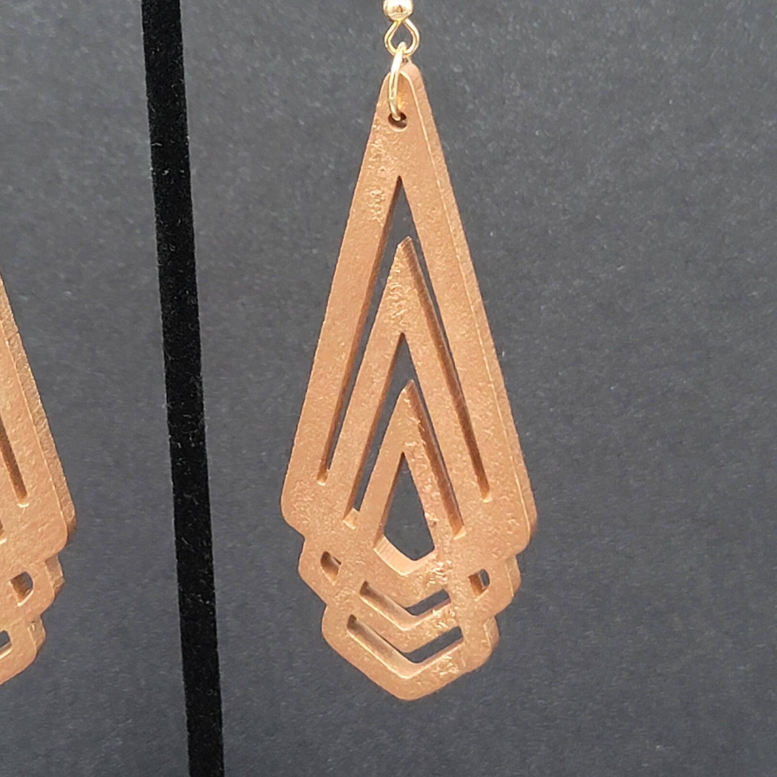 New Boho Pierced Earrings Metallic Gold Wood Cut Geometric Dangle 3"