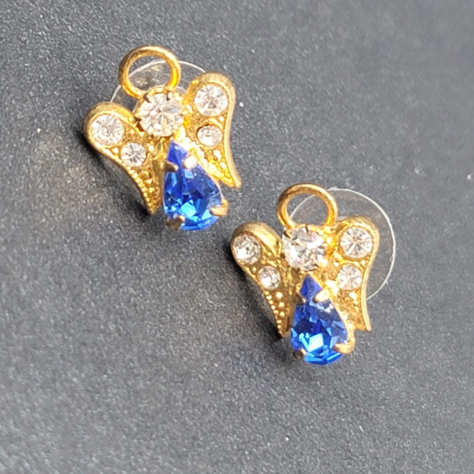 Vintage Pierced Earrings Gold tone Open Angel Blue Crystal Studs 5/8"