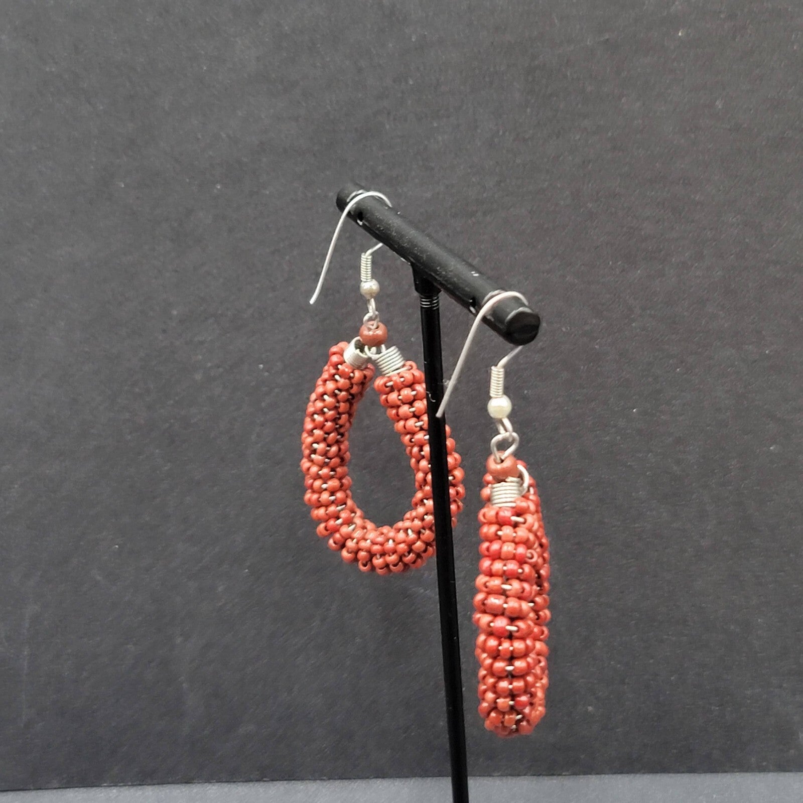 Pierced Earrings Brown Seed Bead Teardrop Hoops Dangle Silver tone 1.5"