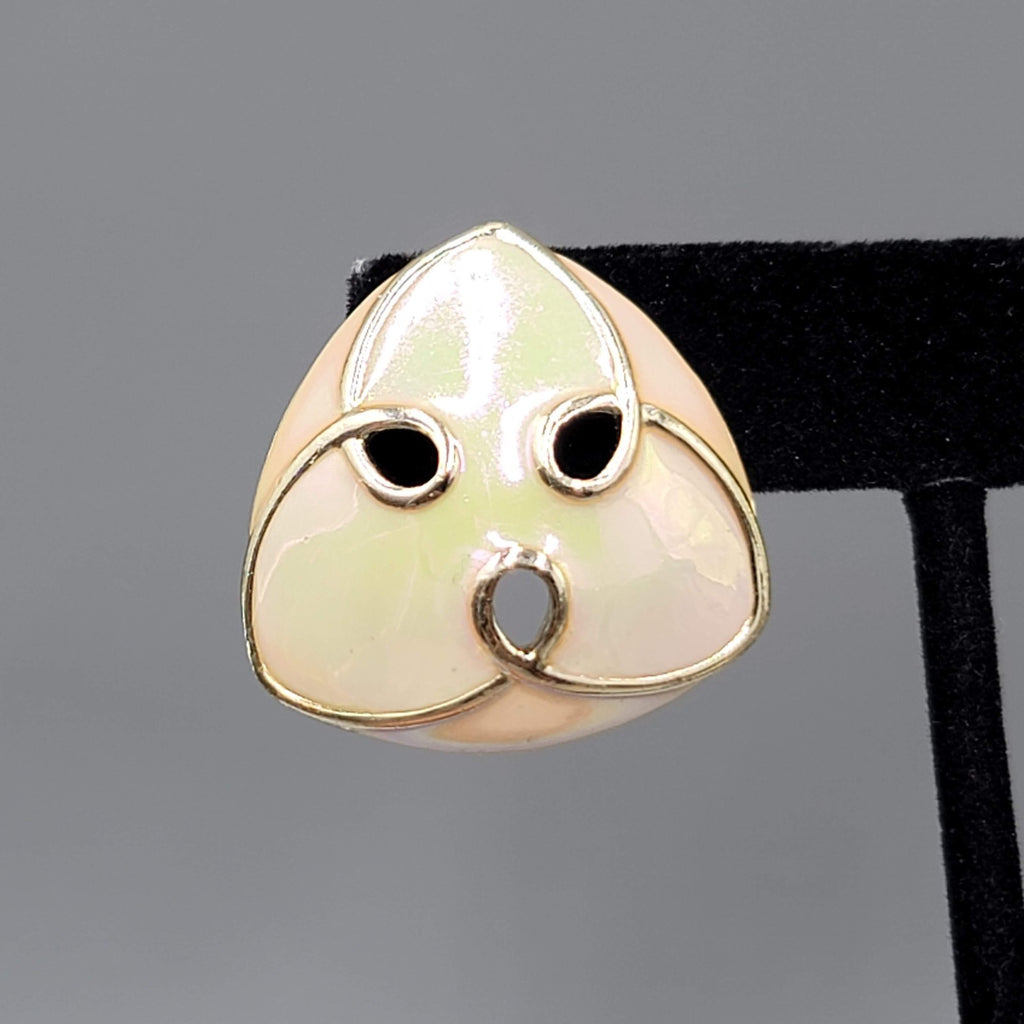 Vintage Iridescent White Enamel Pierced Earrings Triangle Drop 1 1/8"