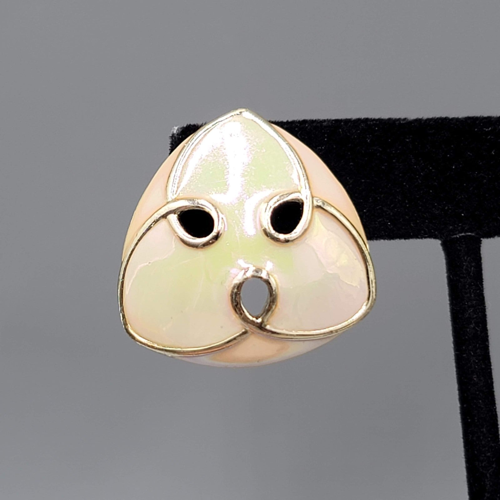 Vintage Iridescent White Enamel Pierced Earrings Triangle Drop 1 1/8"