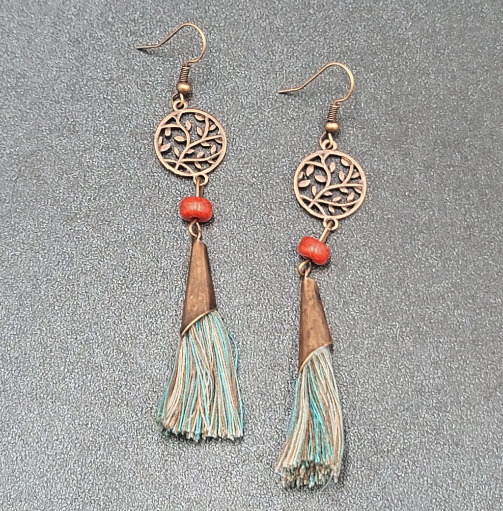 Pierced Earrings Copper tone Round Open Work Tassel Beaded Dangle 3"