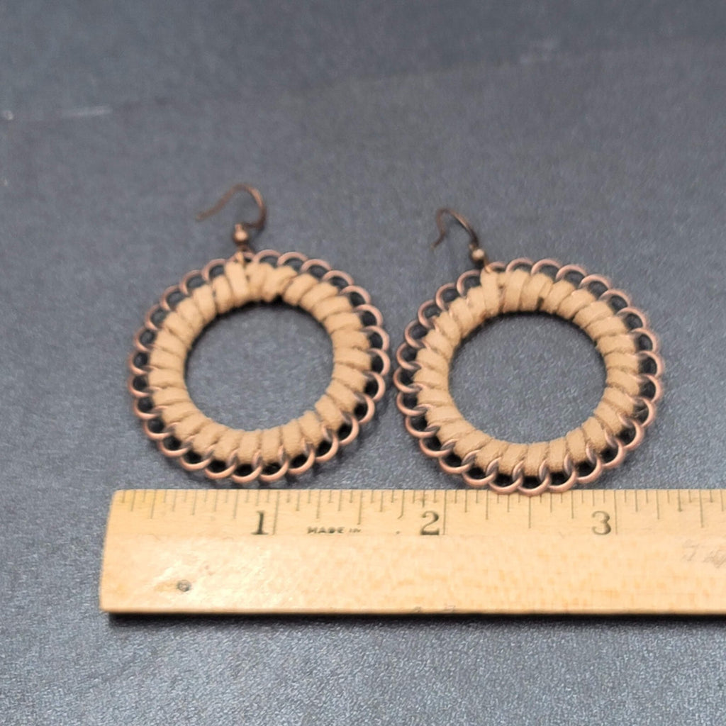 New Boho Pierced Earrings Copper tone Faux Leather Laced Hoops 1.75"